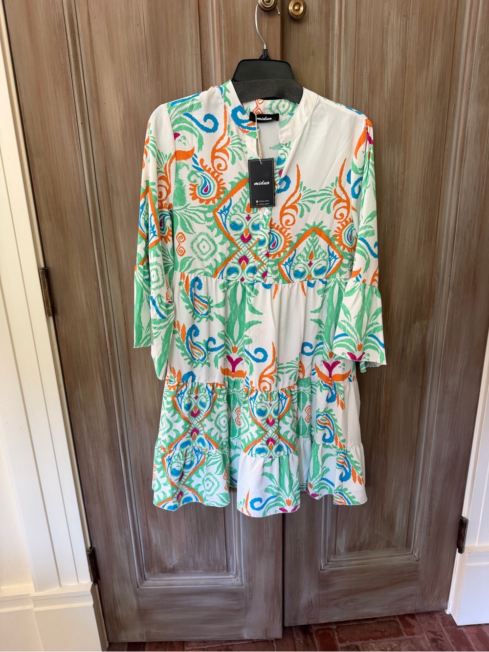 Embroidered Patterned Peasant Top - White with Green & Orange